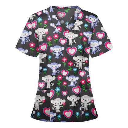 Women Working Uniform Animal Print Cartoon Cat Dog Short Sleeve V-neck Tops - Empire P.E