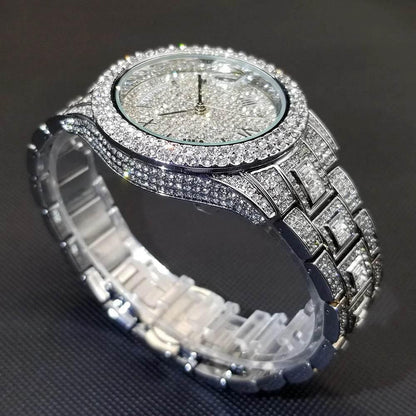 Luxury Shiny Diamond Watch For Men Hip Hop Trendy Iced Out Quartz Watches High Quality Stainless Steel Waterproof Day Date Clock - Empire P.E