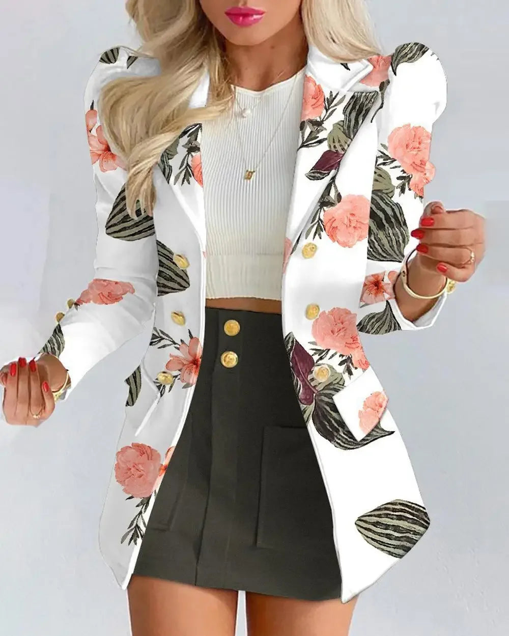 Women's Casual Floral Print Puff Sleeve Blazer Coat & Skirt Two Piece Suit - Empire P.E