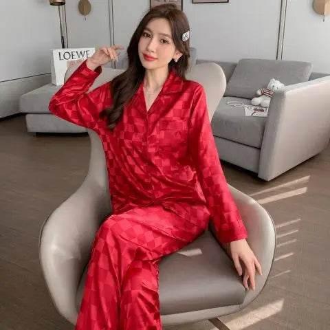 Plus Size Women Pajamas Set Long Sleeves Girl Home Wear Two-Piece Cardigan Solid Plaid Sleepwear Sexy Nightwear Autumn Winter - Empire P.E