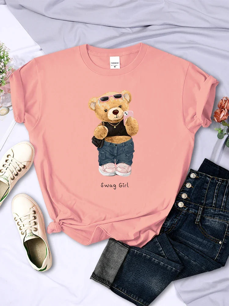 Street Teddy Bear Selfie Swag Girl Funny Printed T-Shirts - Empire P.E