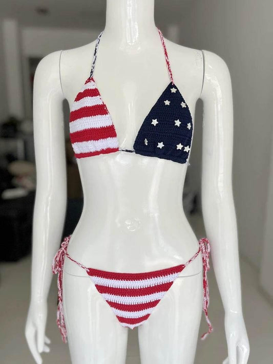 USA American Flag Bikini Bathingsuit The Stars And The Stripes Handmade Crochet Beachwear Women String Bikini Set Two-Pieces - Empire P.E