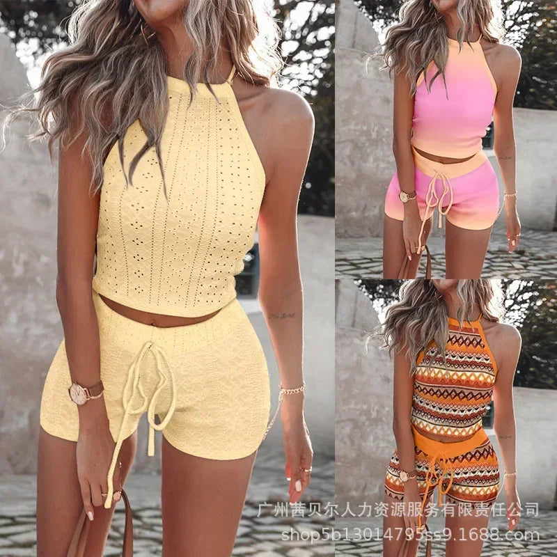 Geometric Pattern Halter Top & Drawstring Shorts Set - Empire P.E