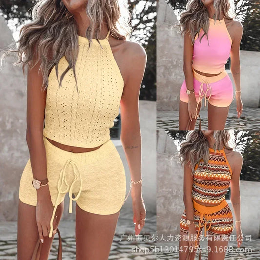 Geometric Pattern Halter Top & Drawstring Shorts Set - Empire P.E