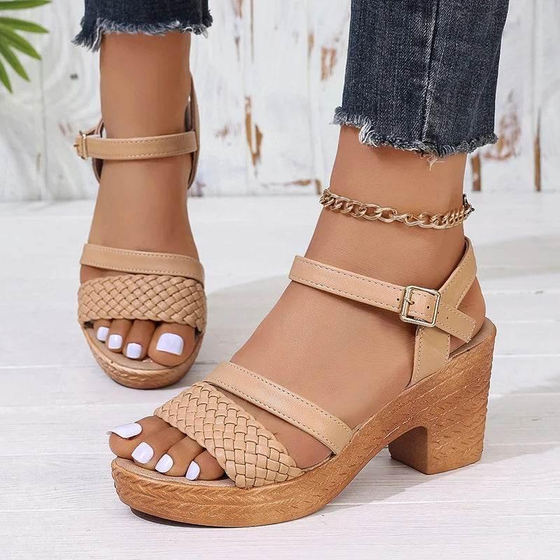 Lucyever Braided High Heels Sandals Women 2025 Summer Pu Leather Platform Gladiator Shoes Woman Ankle Buckle Thick Heel Sandles - Empire P.E