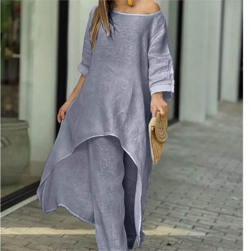 Women's Cotton Linen Long Pants Sets Fashion Solid Casual Irregular Tops Wide Leg Pant Suits Office Lady Two Piece Sets Clothes - Empire P.E