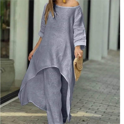 Women's Cotton Linen Long Pants Sets Fashion Solid Casual Irregular Tops Wide Leg Pant Suits Office Lady Two Piece Sets Clothes - Empire P.E