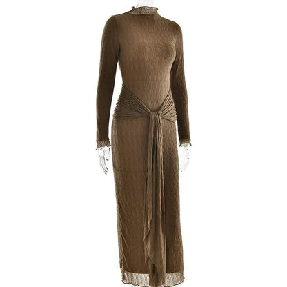 Mozision Elegant Long Sleeve Sexy Maxi Dress For Women Gown Fashion Drape Turtleneck Ruched Bodycon Club Party Long Dress - Empire P.E