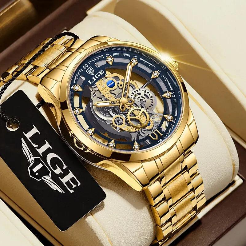 LIGE New Men Watch Skeleton Quartz Wristwatch Gold - Empire P.E