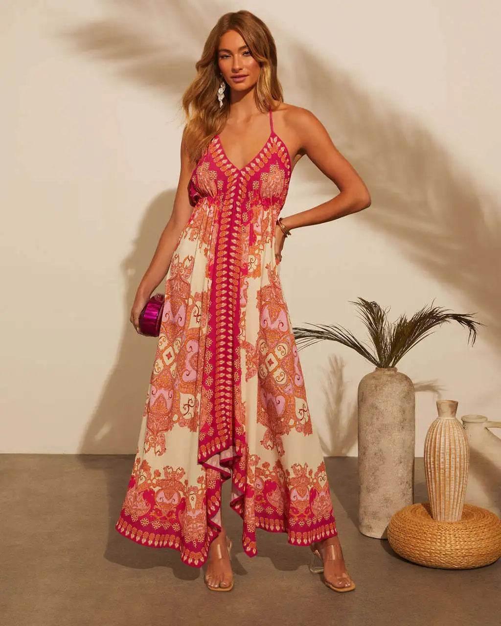 Women's Summer V-neck Halter Bohemian Floral Long Dress,Women Clothing,Red Dress,Sexy Dress Women,Sundress,Beach Dresses - Empire P.E