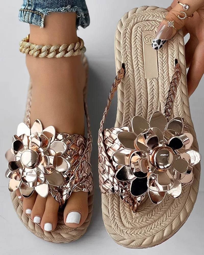 Slippers Women Ombre Floral Pattern Braided Casual Shoes Vacation Flat Holographic Braided Floral Pattern Toe Beach Flip Flops - Empire P.E