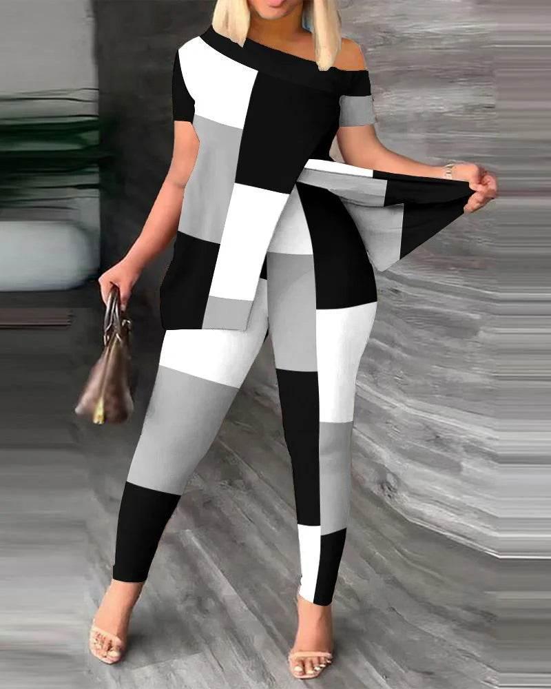 Elegant Women Two Piece Set Suits New Fashion Printed Ruffle Sleeve Top Solid Color Pants Set With Belt Blouses Female Clothing - Empire P.E