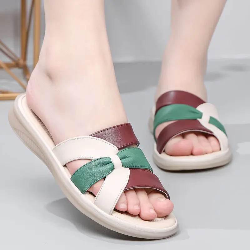 Slides Leather Low Heel Women's Slippers And Ladies Sandals Roman Flip Flops Shoes Eva 2024 Trend Korea Style Top Designs Luxury - Empire P.E