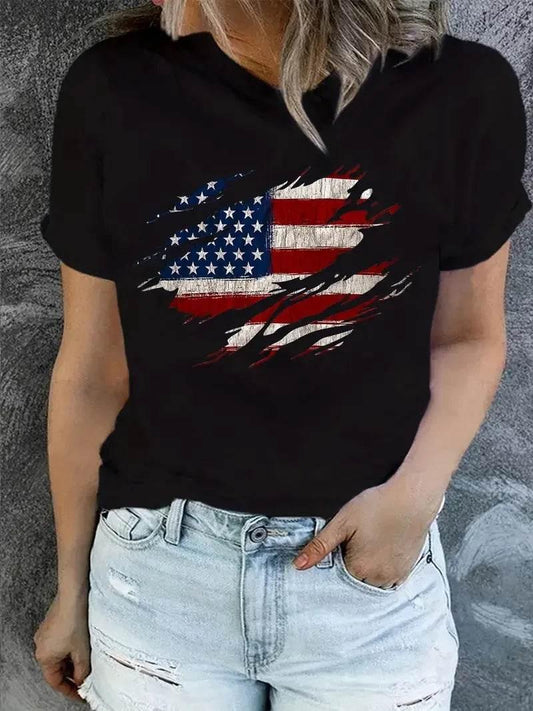 American Flag Print T-Shirt, Independence Day Short Sleeve Crew Neck Casual Top For Summer & Spring, Women's Clothing - Empire P.E