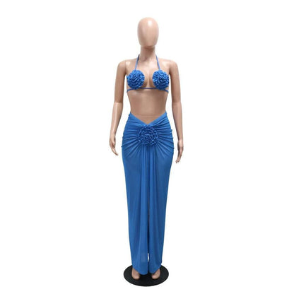 Joskaa Sexy Beach Style Bikini 3 Piece Set Women 3D Flower Halter Bra+Briefs+Sheer Mesh Maxi Skirt Matched 2025 - Empire P.E