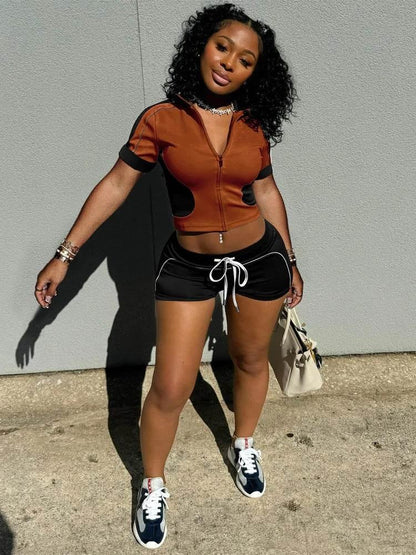 Women Sets Outfit Summer Streetwear Panelled Two Tone Slim Sports Short Sleeve Shorts Suits Zip Crop Tops Casual 2 Two Piece Set - Empire P.E
