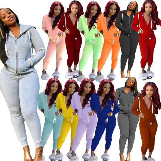2 Pieces Set Women Fall Hot Style Pure Color Fleece two piece set - Empire P.E