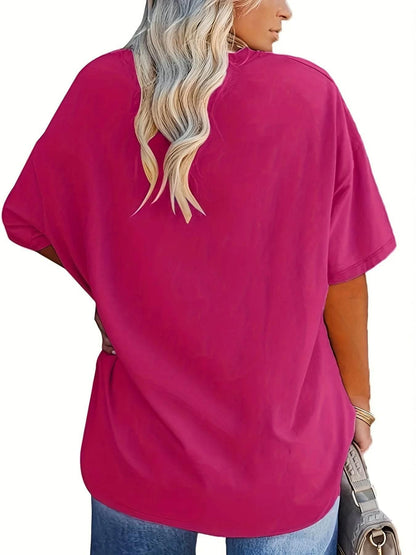 Plus size women's spring & summer simple fashion basic versatile polyester fiber with elastic solid color short-sleeved T-shirt。 - Empire P.E
