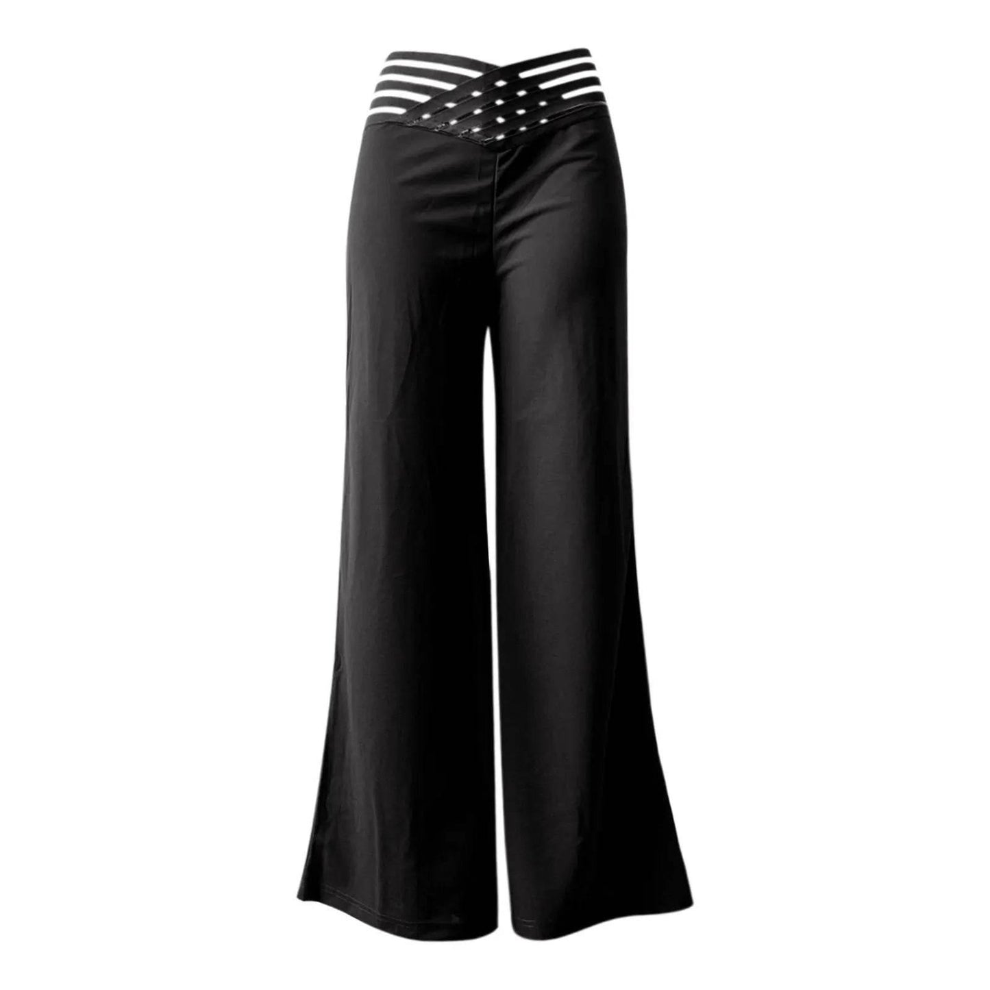 Women Flared Pants Elegant Office Lady Casual High Waist Trousers Spring Summer Solid Crisscross Sheer Mesh Patch Wide Leg Pant - Empire P.E