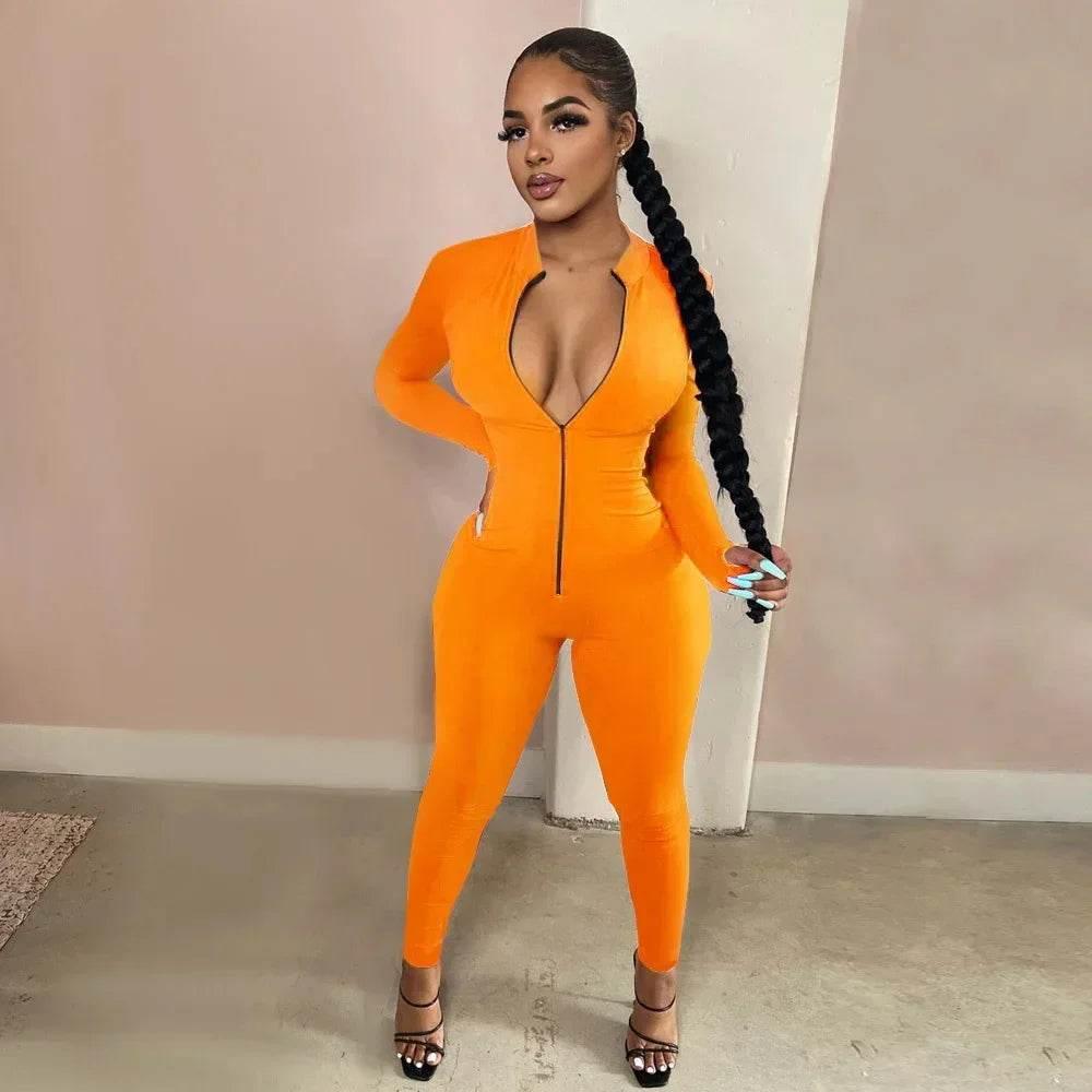 Sexy Solid Color Long Sleeve Deep V Bodycon Rompers Womens Jumpsuit Sport Suit Fashion Zip Up Long Pants Overalls Fitness Set - Empire P.E