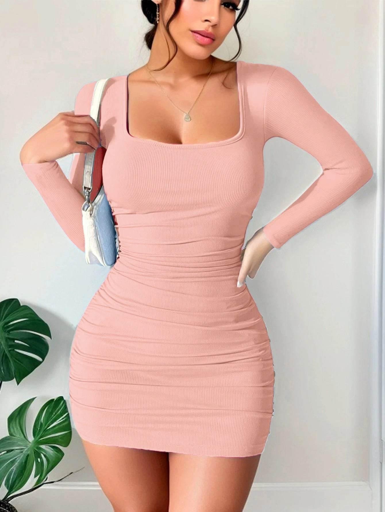 long-sleeved ice silk dress square neck - Empire P.E