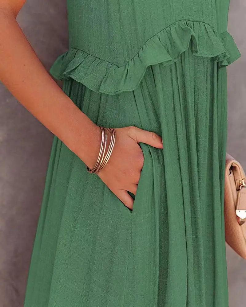 Women Casual Solid Ruffles Long Dress - Empire P.E