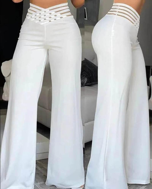 Women Flared Pants Elegant Office Lady Casual High Waist Trousers Spring Summer Solid Crisscross Sheer Mesh Patch Wide Leg Pant - Empire P.E
