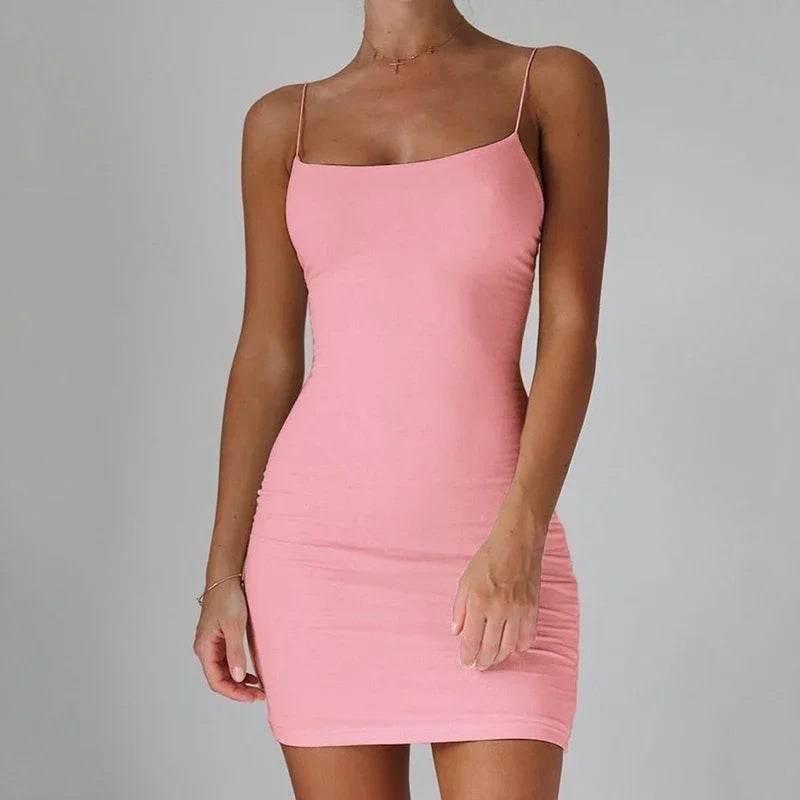 Summer Spaghetti Strap Mini Dress 2024 Women Sexy Bodycon Club Party Dresses Short Female Camisole Solid Black Sheath Sundress - Empire P.E