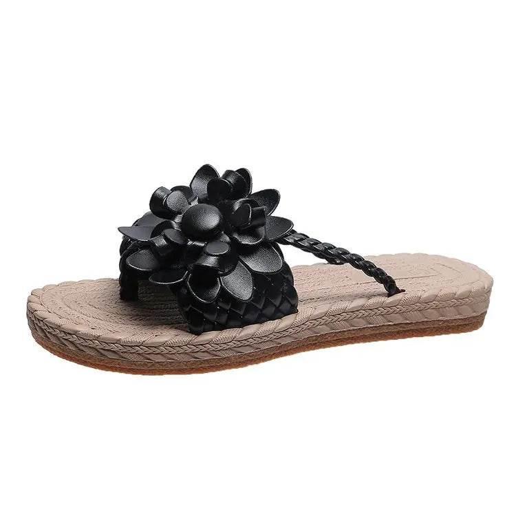 Slippers Women Ombre Floral Pattern Braided Casual Shoes Vacation Flat Holographic Braided Floral Pattern Toe Beach Flip Flops - Empire P.E