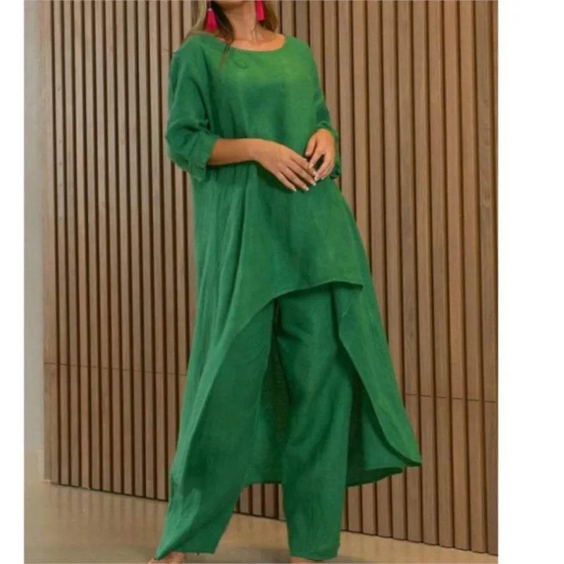 Women's Cotton Linen Long Pants Sets Fashion Solid Casual Irregular Tops Wide Leg Pant Suits Office Lady Two Piece Sets Clothes - Empire P.E