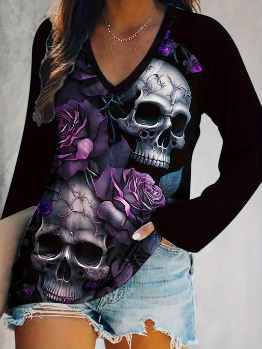 Women's Plus Size Skeleton & Floral Print T-shirt Casual Long Sleeve V Neck Top For Spring & Fall Clothing For All Saints' Day - Empire P.E