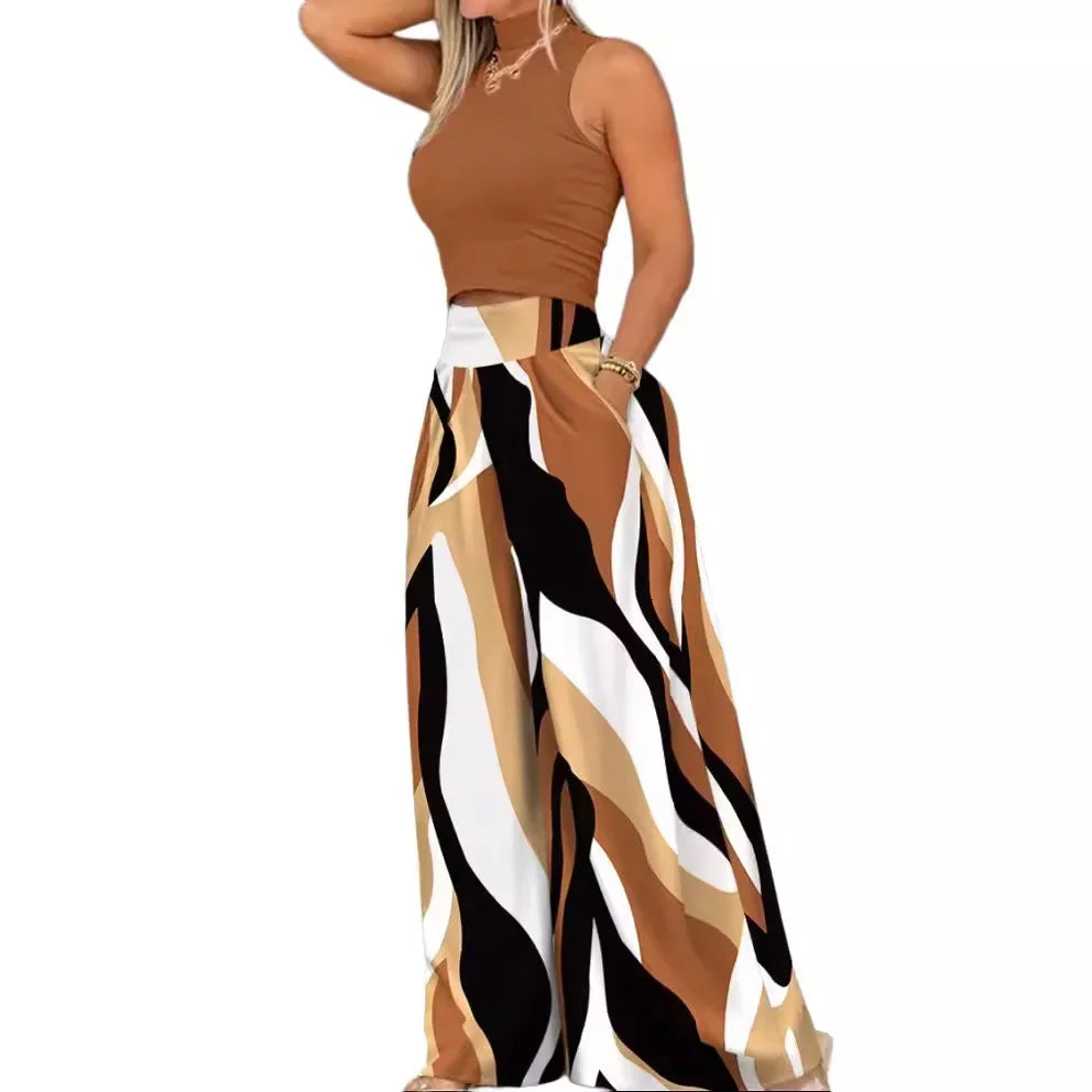 Fashionable Printed Wide-leg Trousers Two-piece Suit - Empire P.E