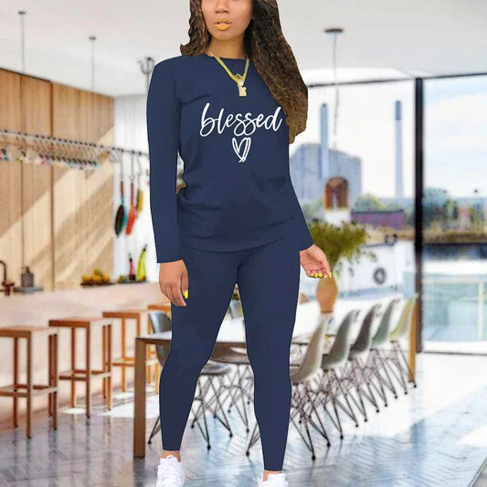Women's long sleeved round neck blessing printed T-shirt and tight pants - Empire P.E