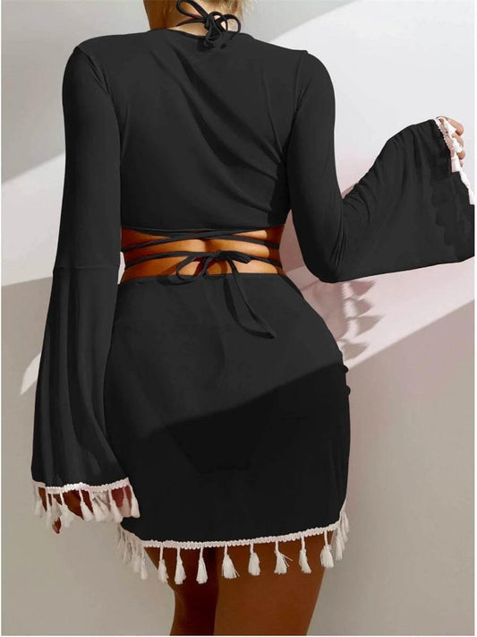 Sexy 4 Pieces Halter Bikinis Women Solid Swimwear Female Cover Up Swimsuit Long Sleeve And Skirt Bathing Suit Beachwear Summer - Empire P.E