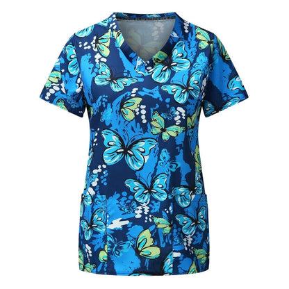 Ladies Nurse Uniform Short Sleeve V-neck Workwear Flower Print Working Uniform - Empire P.E