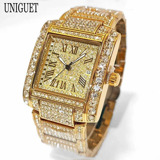 Iced Out Watch For Men Luxury Gold Stainless Steel Quartz - Empire P.E