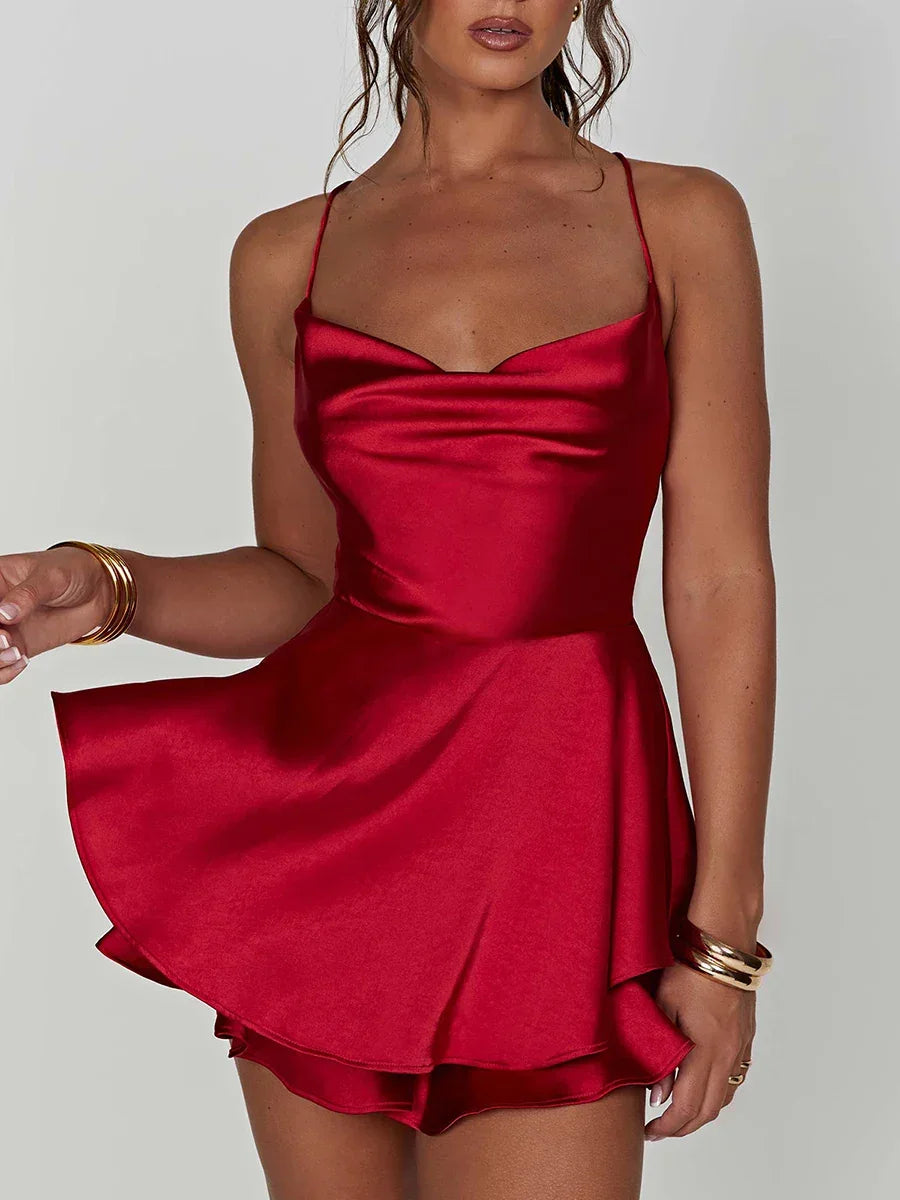 Satin Silk Women Sexy Cami Playsuits Dress Solid Cowl Neck Sleeveless Short Jumpsuits Summer Cross Tie-Up Backless Romper - Empire P.E