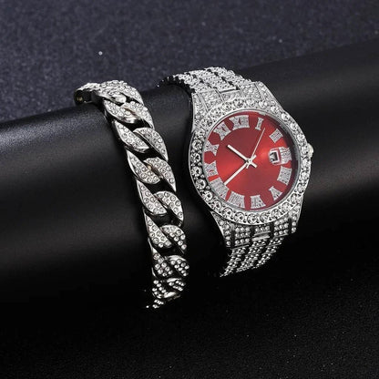Watch Bracelet Set Hip Hop Stainless Steel Gold Color Calendar Watch for Men Iced Out Paved Rhinestones Men Watch Reloj Hombre - Empire P.E
