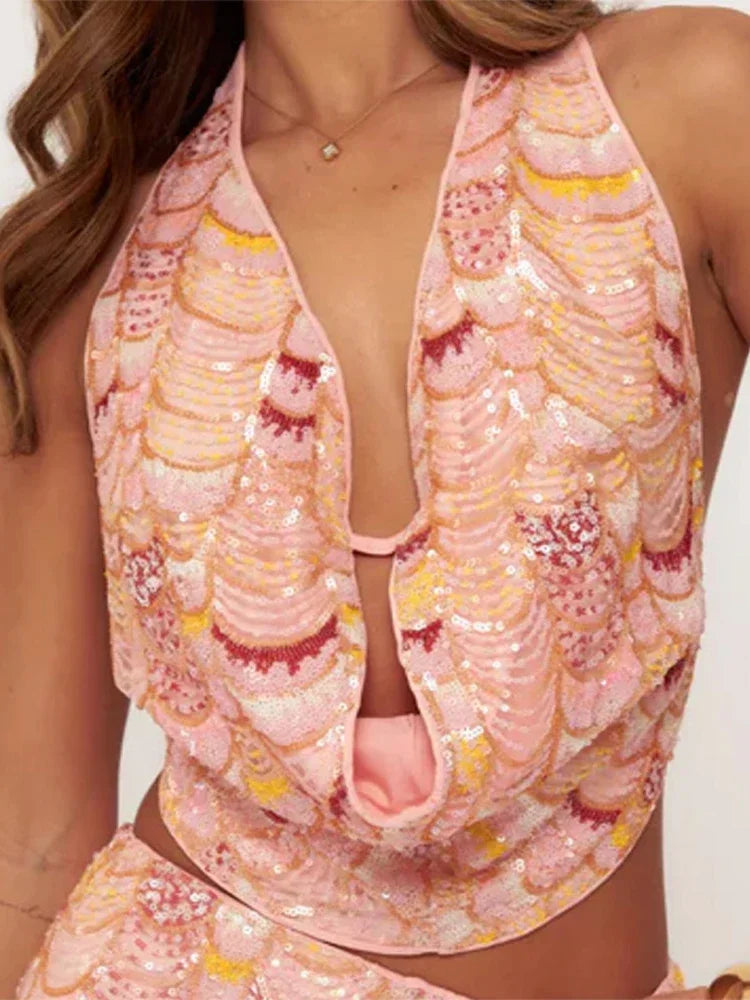 Print Women's Two Piece Suit Cowl-neck Sleeveless - Empire P.E