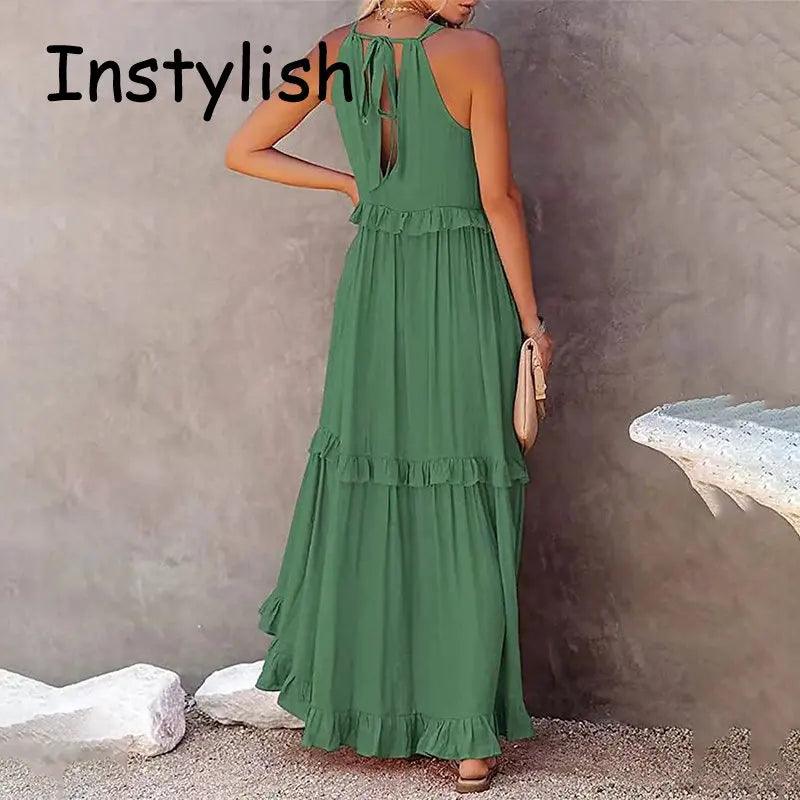 Women Casual Solid Ruffles Long Dress - Empire P.E