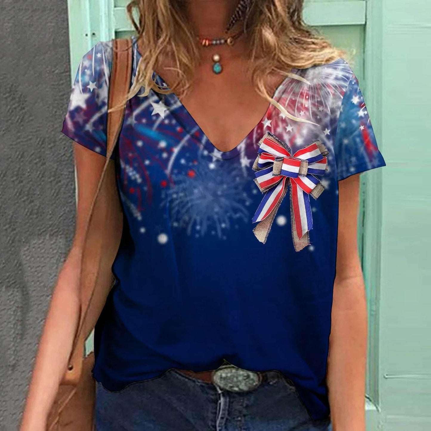 Fashion Women's T Shirt USA Flag Print Harajuku T-shirt Summer 2023 Top Kawaii Tees V Neck Pluse Size American Lady Y2k Clothing - Empire P.E