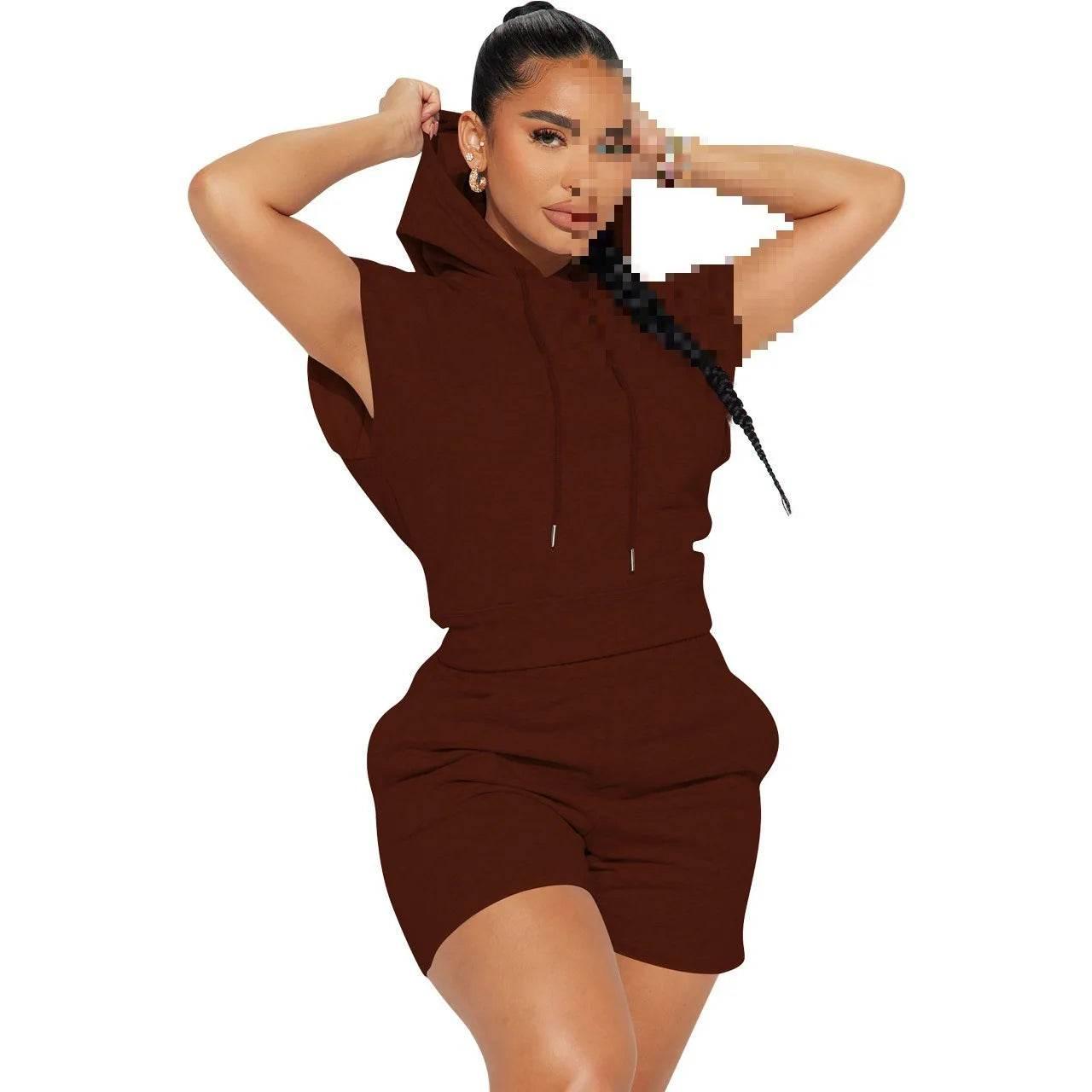 Summer 2024 Women's New Sexy Sleeveless Fashion Casual Sports Short Sleeved Hooded 3/4 Shorts Two Piece Set For Women - Empire P.E
