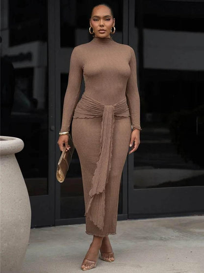 Mozision Elegant Long Sleeve Sexy Maxi Dress For Women Gown Fashion Drape Turtleneck Ruched Bodycon Club Party Long Dress - Empire P.E