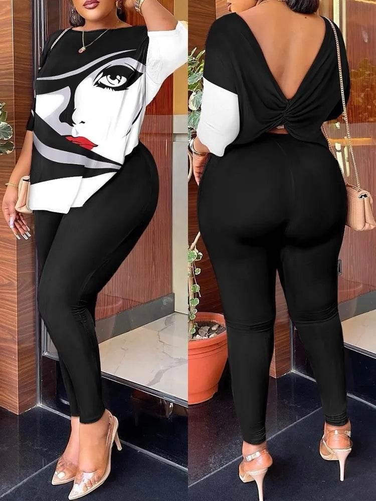 Autumn Women's New Fashion Printed Suit Round Neck Sexy Backless Quarter-sleeved Trousers Casual And Comfortable Two-piece Set - Empire P.E