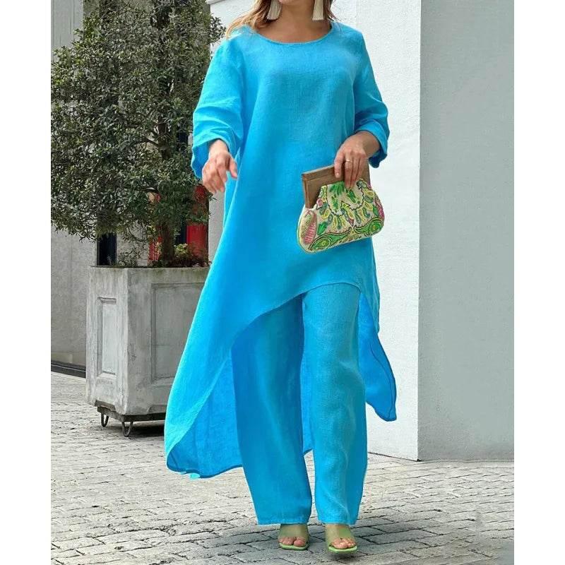 Women's Cotton Linen Long Pants Sets Fashion Solid Casual Irregular Tops Wide Leg Pant Suits Office Lady Two Piece Sets Clothes - Empire P.E
