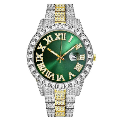 Watch Bracelet Set Hip Hop Stainless Steel Gold Color Calendar Watch for Men Iced Out Paved Rhinestones Men Watch Reloj Hombre - Empire P.E