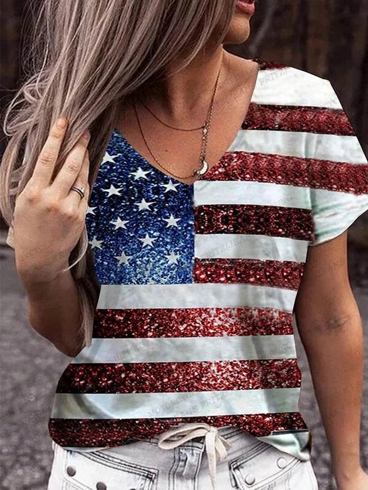 American Flag 3d Print T-shirt Women Fashion V-Neck T-shirts Short Sleeve Tops Tees Loose Casual Tees Vintage Camisetas USA Flag - Empire P.E