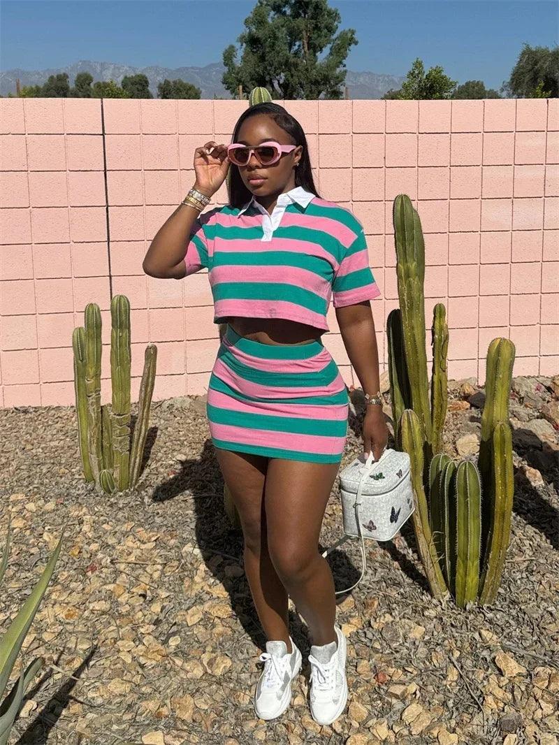 Sporty Fitness Striped Print 2 Pieces Set for Woman Streetwear Casual Turn-down Collar Shirt Crop Top and Mini Skirt Sets Summer - Empire P.E