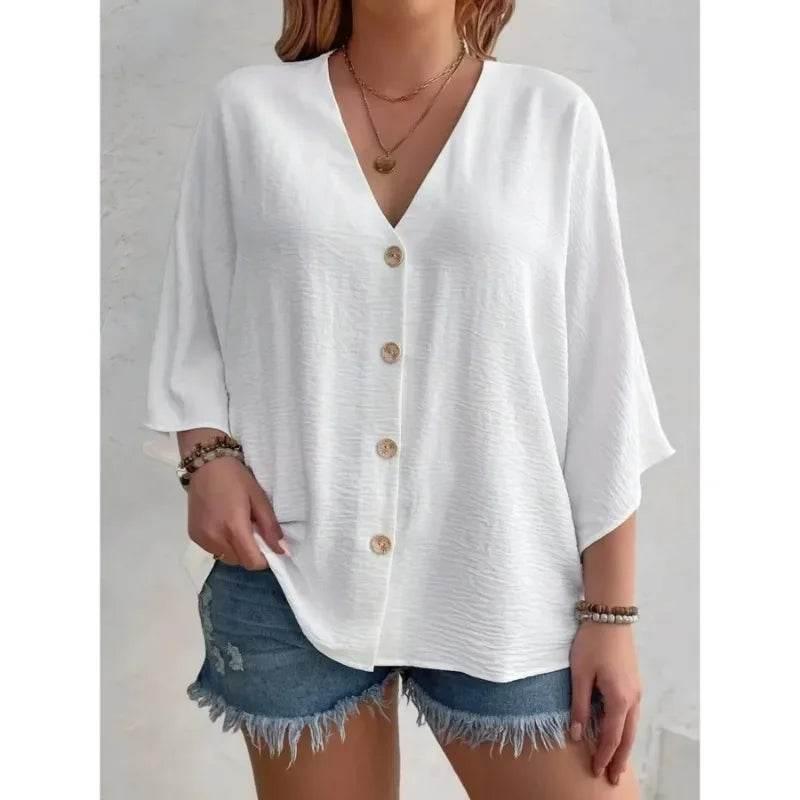 Women's Plus-size T-shirt Solid Color Breathable Spring/summer V-neck Button Travel Casual Wear with European and American Style - Empire P.E