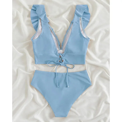 Riseado High Waist Bikinis Set Ruffle Shoulder Sexy Plunging Swimwear Women Bathing Suit Summer Beachwear - Empire P.E